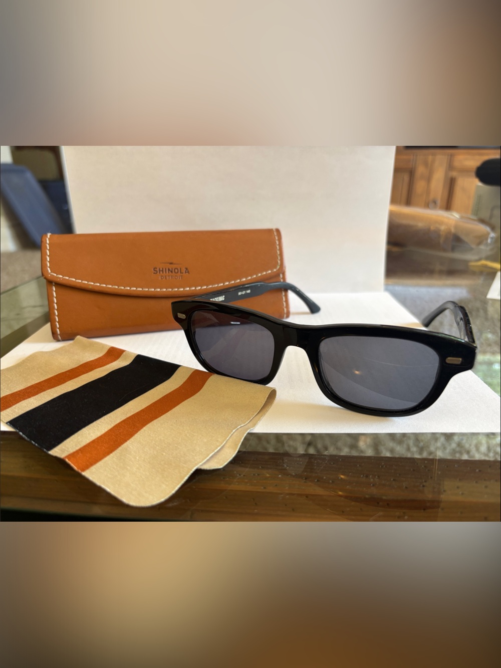 Shinola Black Sunglasses with Tan Leather Case